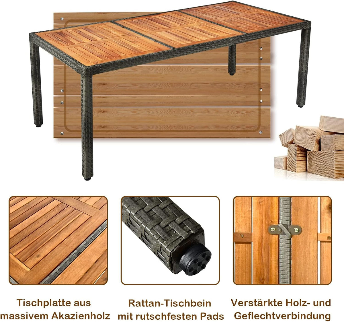 COSTWAY Juego de muebles de jardín de ratán de 9 piezas, conjunto de asientos para 8 personas, mesa de jardín con tablero de madera de acacia, 8 sillas y cojines, juego de muebles de terraza, conjunto de jardín, juego de asientos, grupo de comedor