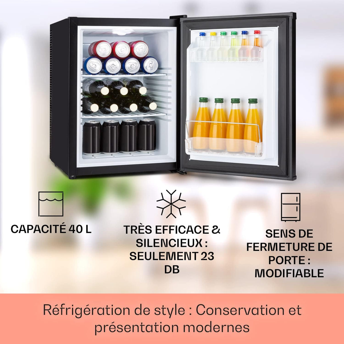 KLARSTEIN Happy Hour Mini nevera silenciosa para habitación/cosméticos, ultracompacta, minibar, refrigerador para alimentos, bebidas, estantes ajustables, mini nevera para camping, coche, 5-15°C, 40L