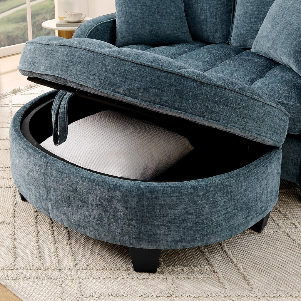 Sofá con reposapiés de almacenamiento, sofá cama con respaldo ajustable y cojines, sofá pequeño, para salas de estar pequeñas, salas de estudio, dormitorios, azul