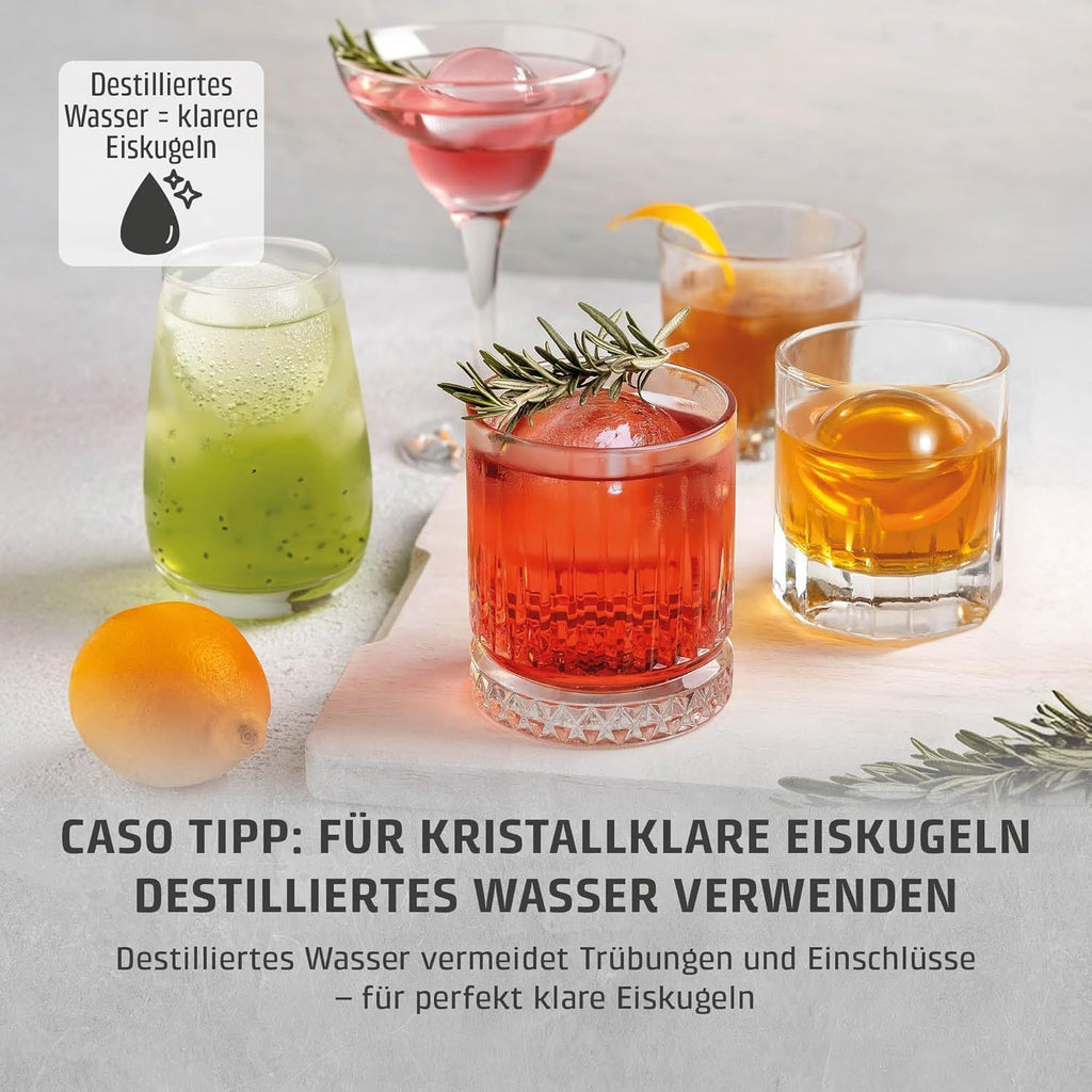 CASO IceBall Pro Máquina para hacer esferas de hielo con compresor - Esferas de hielo cristalinas de 50-55 mm, 2 esferas/hora, depósito de agua de 1,3 l, autolimpieza, pantalla LED, negro mate