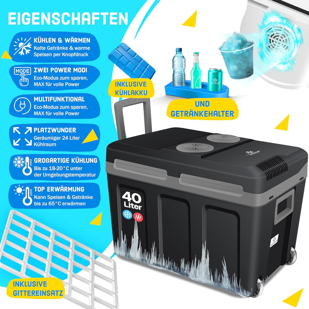 KESSER® Nevera eléctrica portátil 40L con ruedas | Calienta y enfría | Termoeléctrica | Mininevera | 12V y 230V | Para coche, camping y enchufe | Modo Eco | Incluye acumuladores de frío