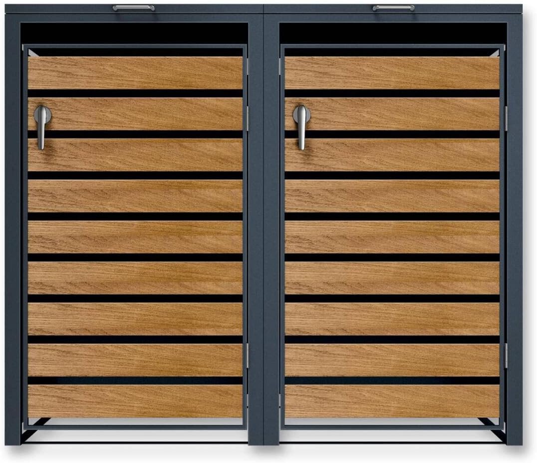 Cubitera para basura Metzler en antracita y aspecto de madera, para 2 cubos de 240 L, revestimiento para 2 cubos, acero con recubrimiento en polvo resistente a la intemperie con tapa automática, bloqueable, caja para jardín y basura