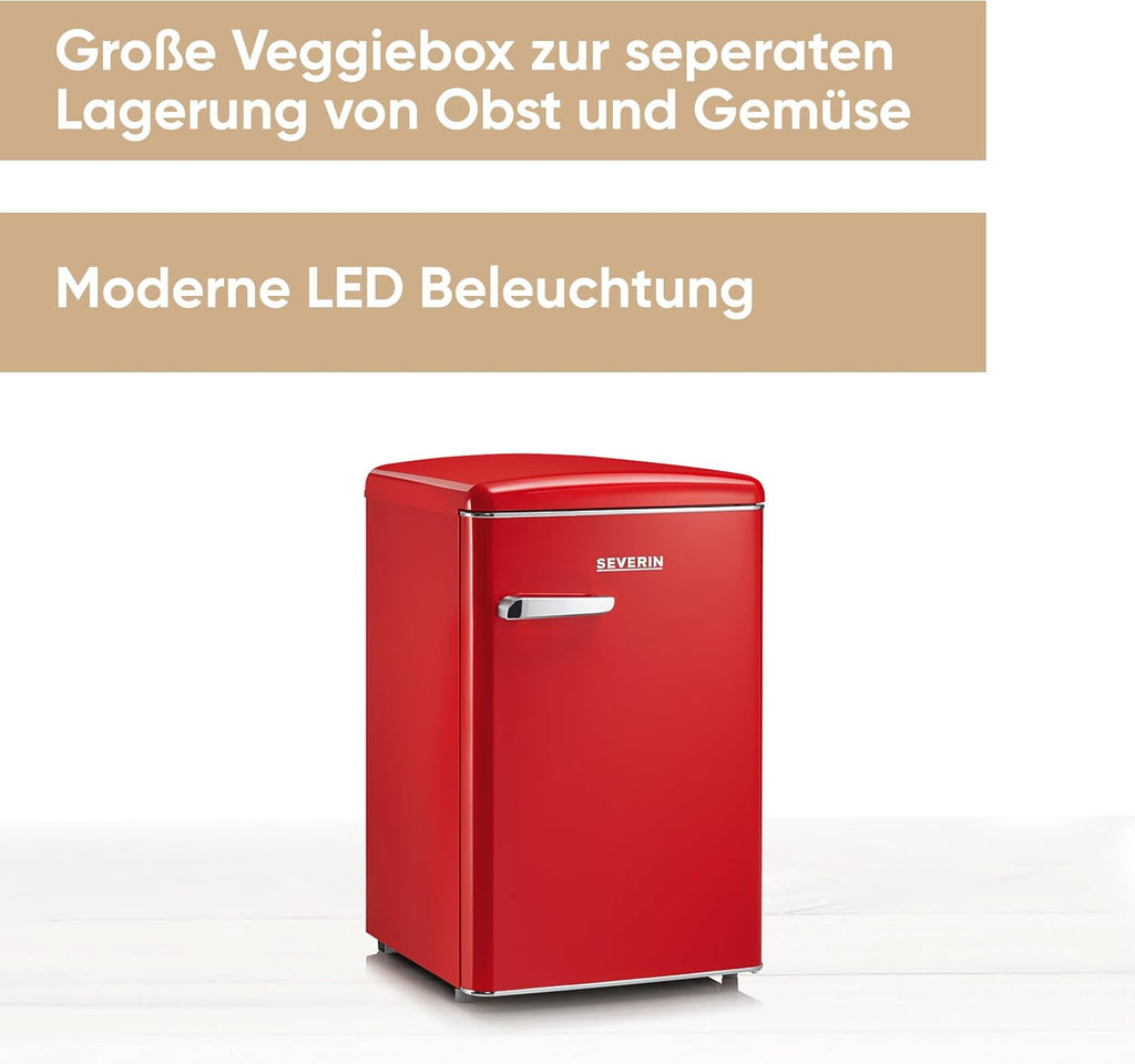 Mini refrigerador retro SEVERIN, incluye opción de refrigeración que ahorra espacio, 2 estantes ajustables en altura, compartimento congelador integrado, extremadamente silencioso - 37 dB, 108 L de capacidad útil, rojo, RKS 8830