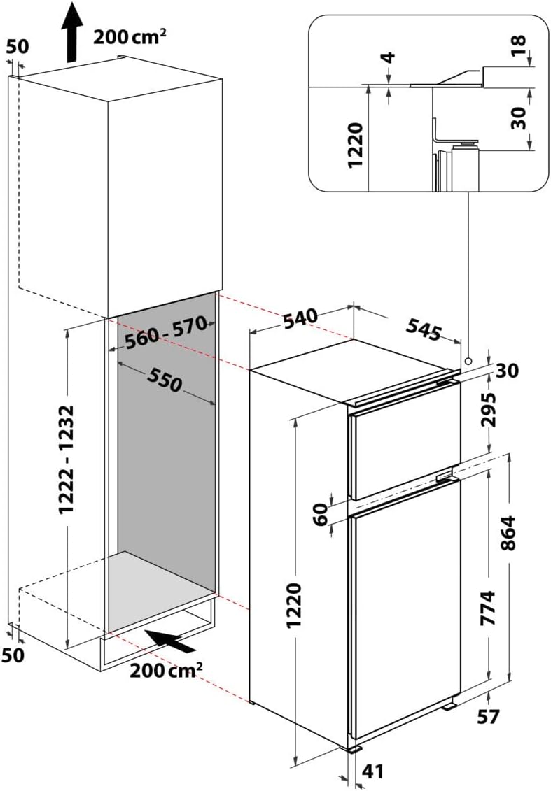 Frigorífico combi integrable Bauknecht KDI 12S2, 173 l, control electrónico de temperatura, descongelación automática, iluminación LED, 36 dB (silencioso), puerta reversible, clase energética E, blanco