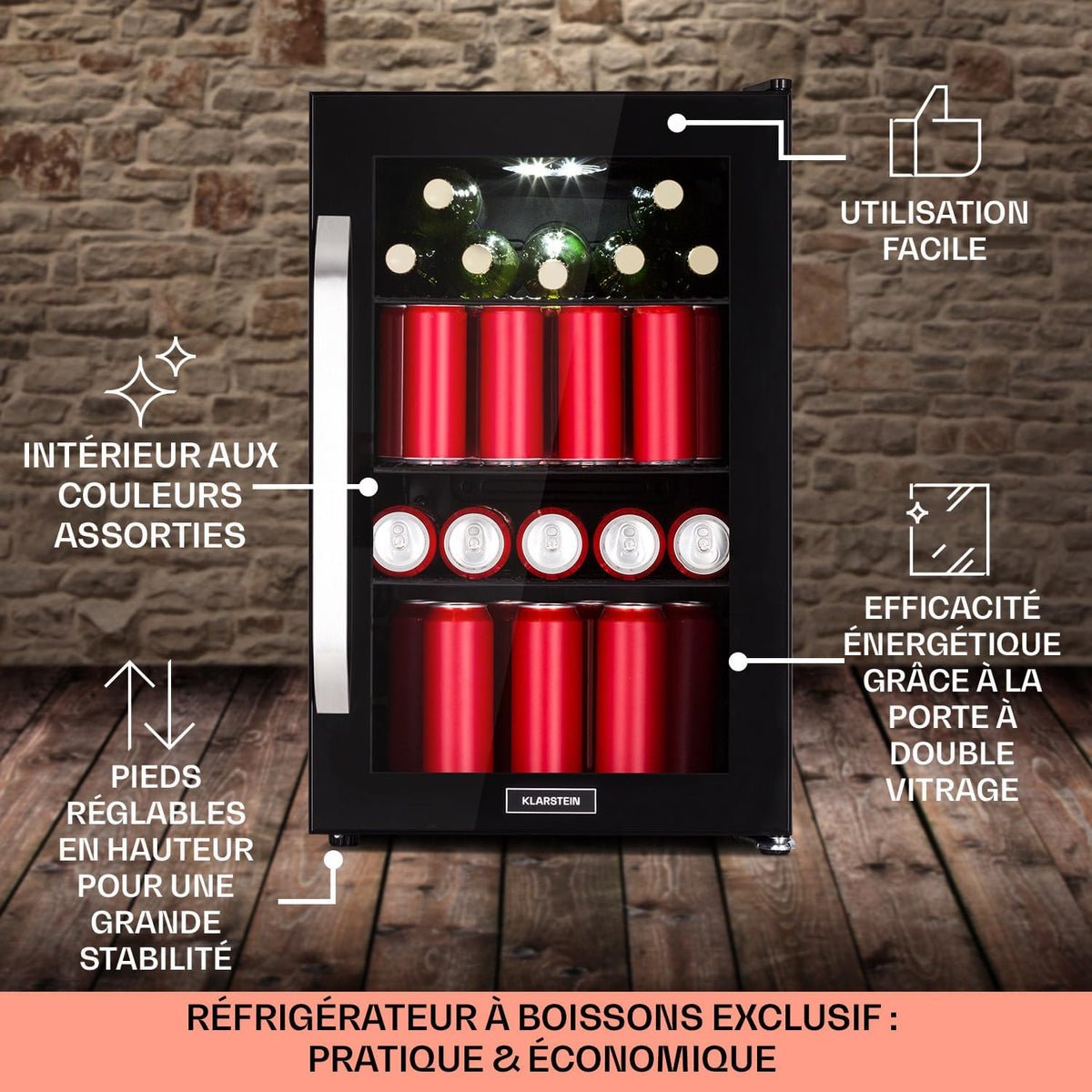 Klarstein Refrigerador 70L, mininevera silenciosa con estantes extraíbles, puerta de cristal y LED, apta para exteriores, 0-10°C