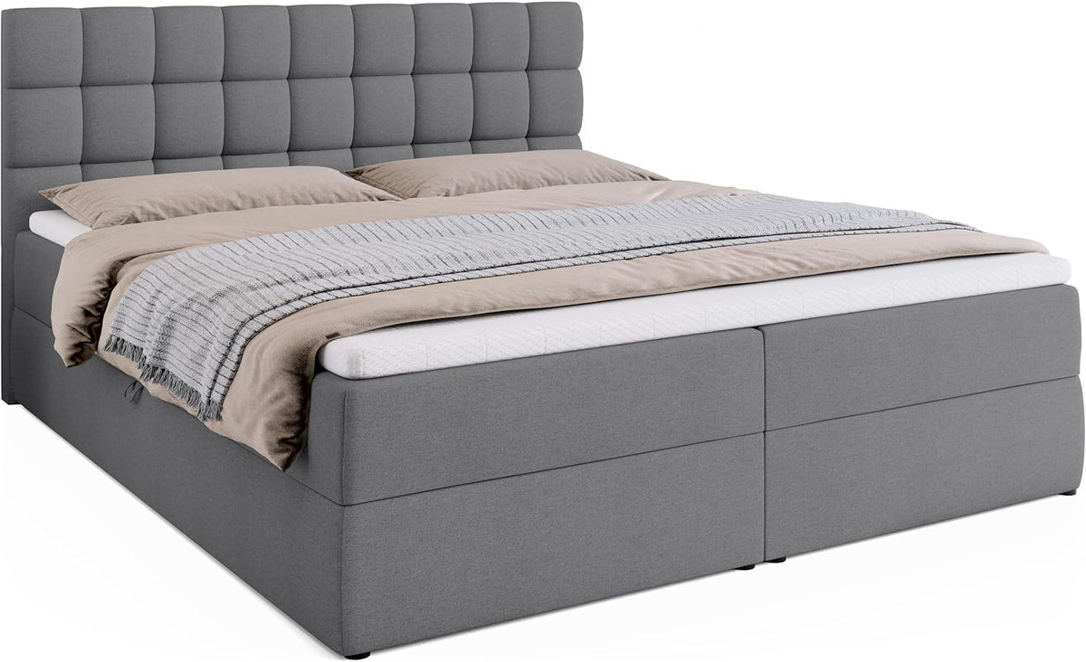 Cama boxspring BROMARKT con arcón, cama tapizada con colchón Bonell y topper, cama para dormitorio, cabecero acolchado, modelo Dakota, muelles Bonell, 180x200, grado de firmeza H3, gris Malmo