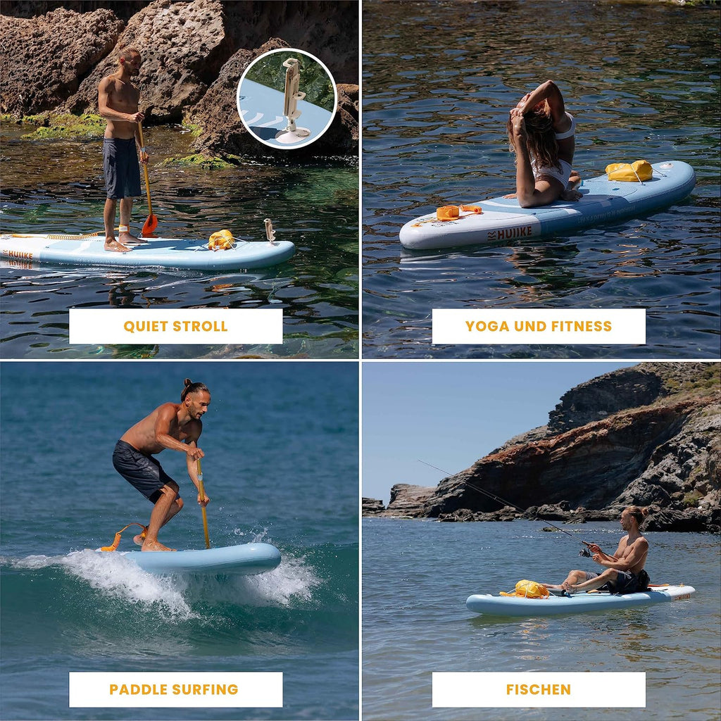 Tabla de Stand Up Paddle HUIIKE con accesorios, remo, aletas, correa, bomba y mochila. Tabla de SUP inflable de gran estabilidad y resistencia. Convertible en kayak, 305-365 cm, soporta 130-170 kg.