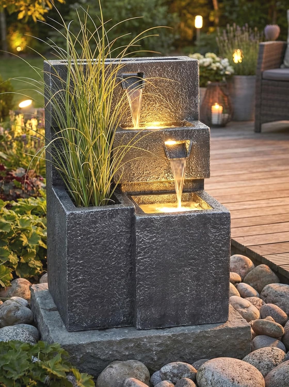 Fuente "Grada" plantable con iluminación LED, fuente de jardín en cascada, fuente de terraza