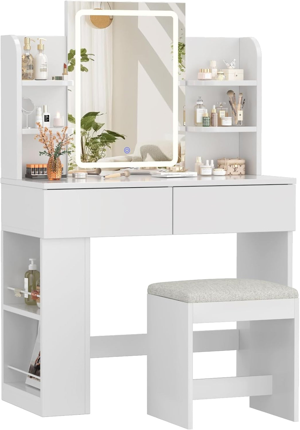 Tocador Devoko con espejo, mesa de maquillaje con espejo LED de brillo ajustable, tocador con taburete, 2 cajones, 4 estantes, moderno, 90 x 40 cm, blanco