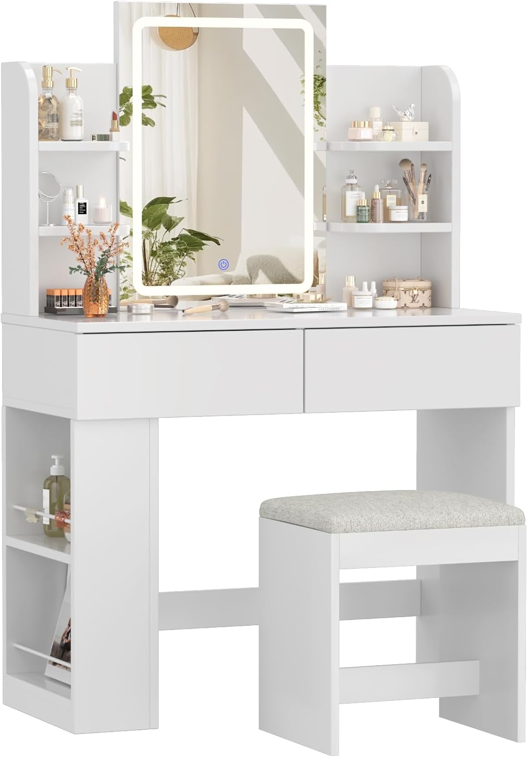 Tocador Devoko con espejo, mesa de maquillaje con espejo LED de brillo ajustable, tocador con taburete, 2 cajones, 4 estantes, moderno, 90 x 40 cm, blanco