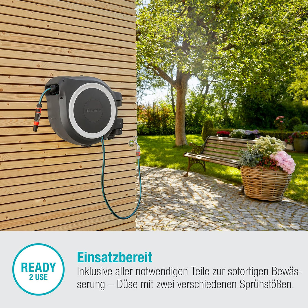 Caja portamanguera de pared Gardena RollUp XL 35 m, exclusiva para Amazon: riego flexible para jardines grandes, caja portamanguera giratoria, incluye manguera de calidad de 35 m con lanza y boquilla de limpieza (18632-60)