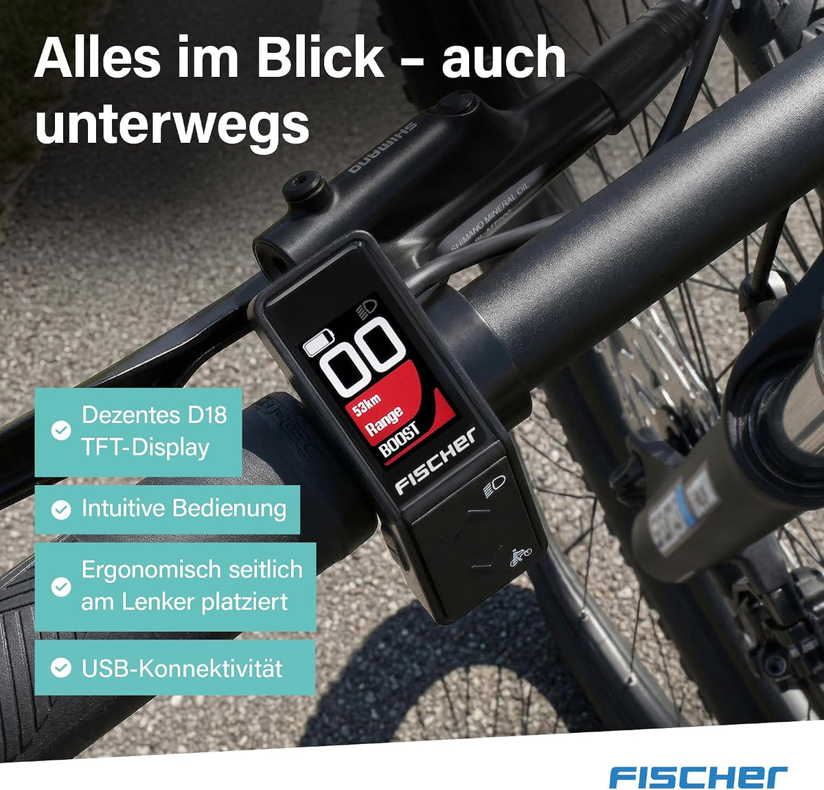 Bicicleta eléctrica de montaña Fischer E-Bike MTB Montis 2.2 Active para hombre y mujer, talla de cuadro 49, motor trasero 50 Nm, batería de 48 V