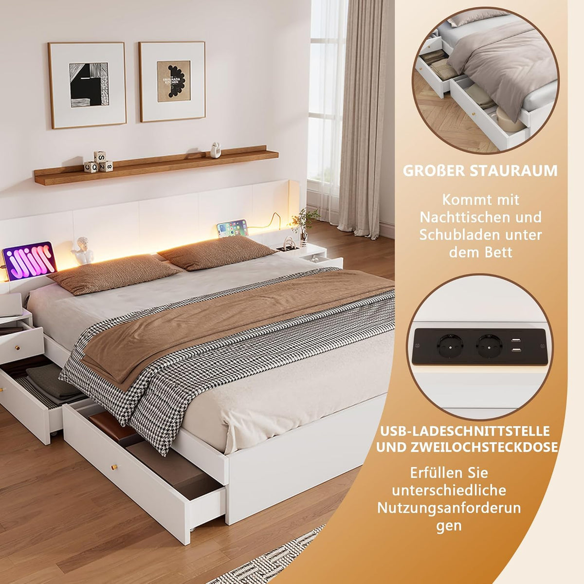 Cama de matrimonio 180x200 con espacio de almacenamiento, 2 cajones, cabecero LED extra ancho con 2 mesitas de noche y puerto USB, cama de madera con almacenaje, estructura de cama con somier, cama juvenil, sin colchón, blanco