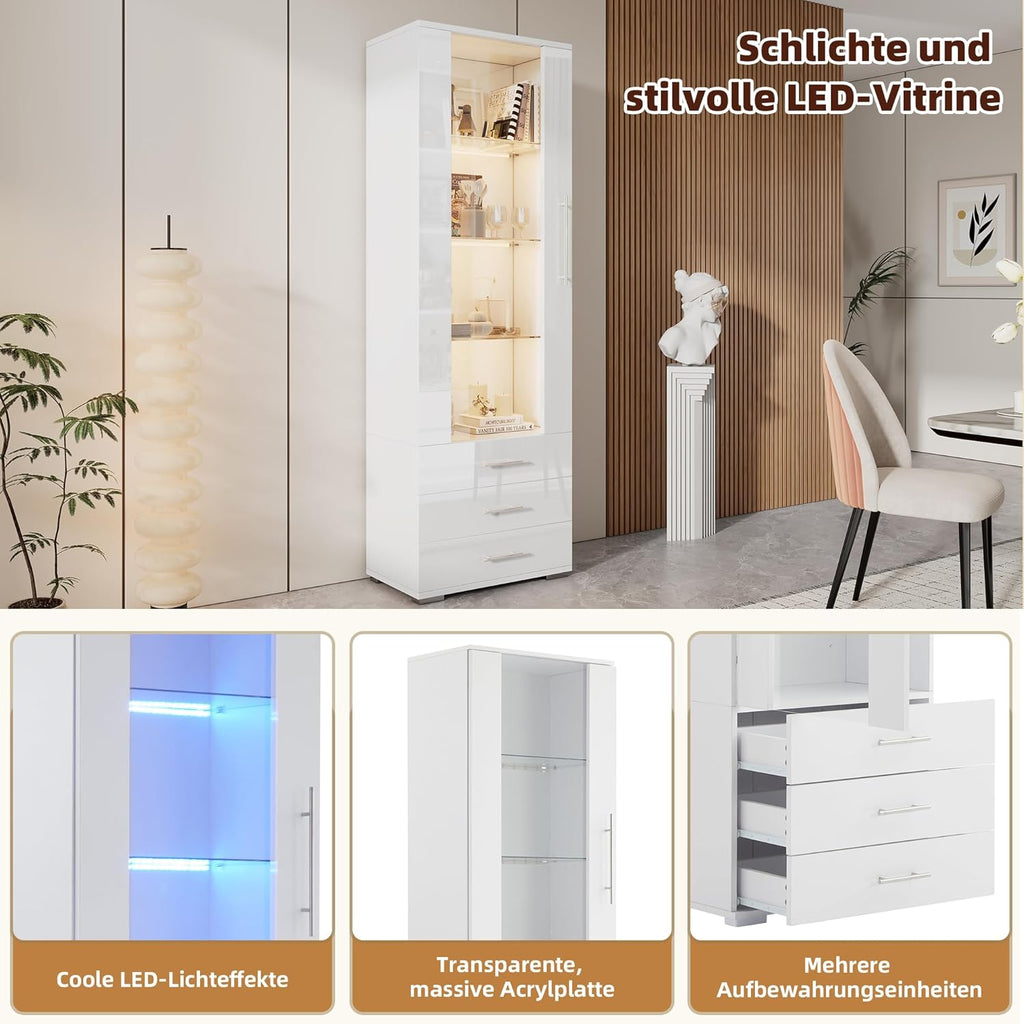 Vitrina de cristal Merax con iluminación LED, mueble vitrina blanco de alto brillo con puertas y 3 cajones, armario alto de 180 cm, estantería para libros, mueble de cocina, mueble multiusos para salón, dormitorio y oficina