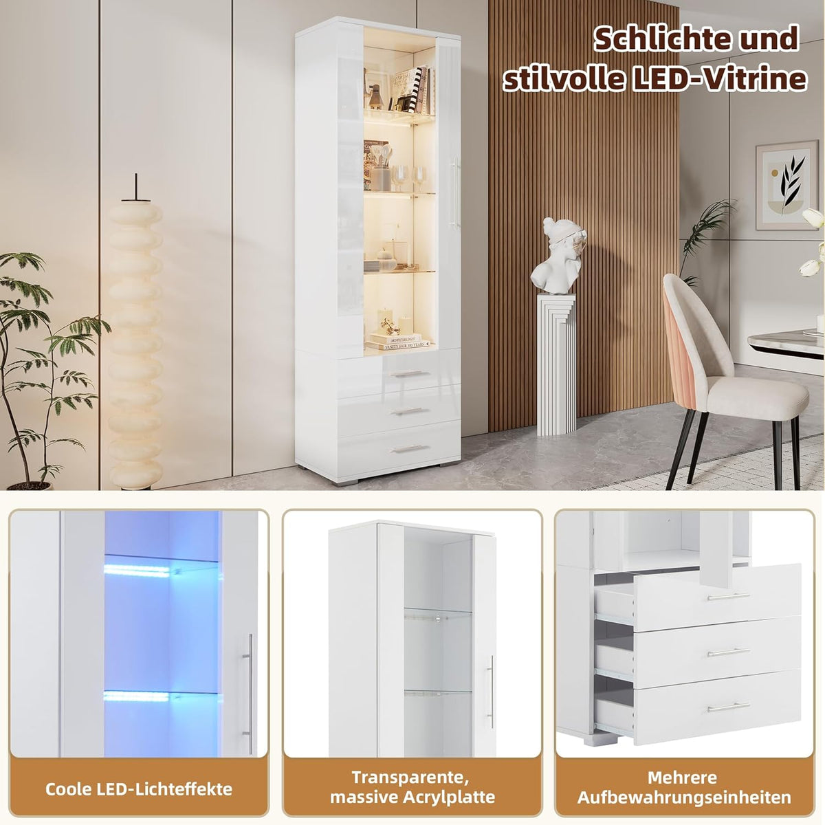 Vitrina de cristal Merax con iluminación LED, mueble vitrina blanco de alto brillo con puertas y 3 cajones, armario alto de 180 cm, estantería para libros, mueble de cocina, mueble multiusos para salón, dormitorio y oficina