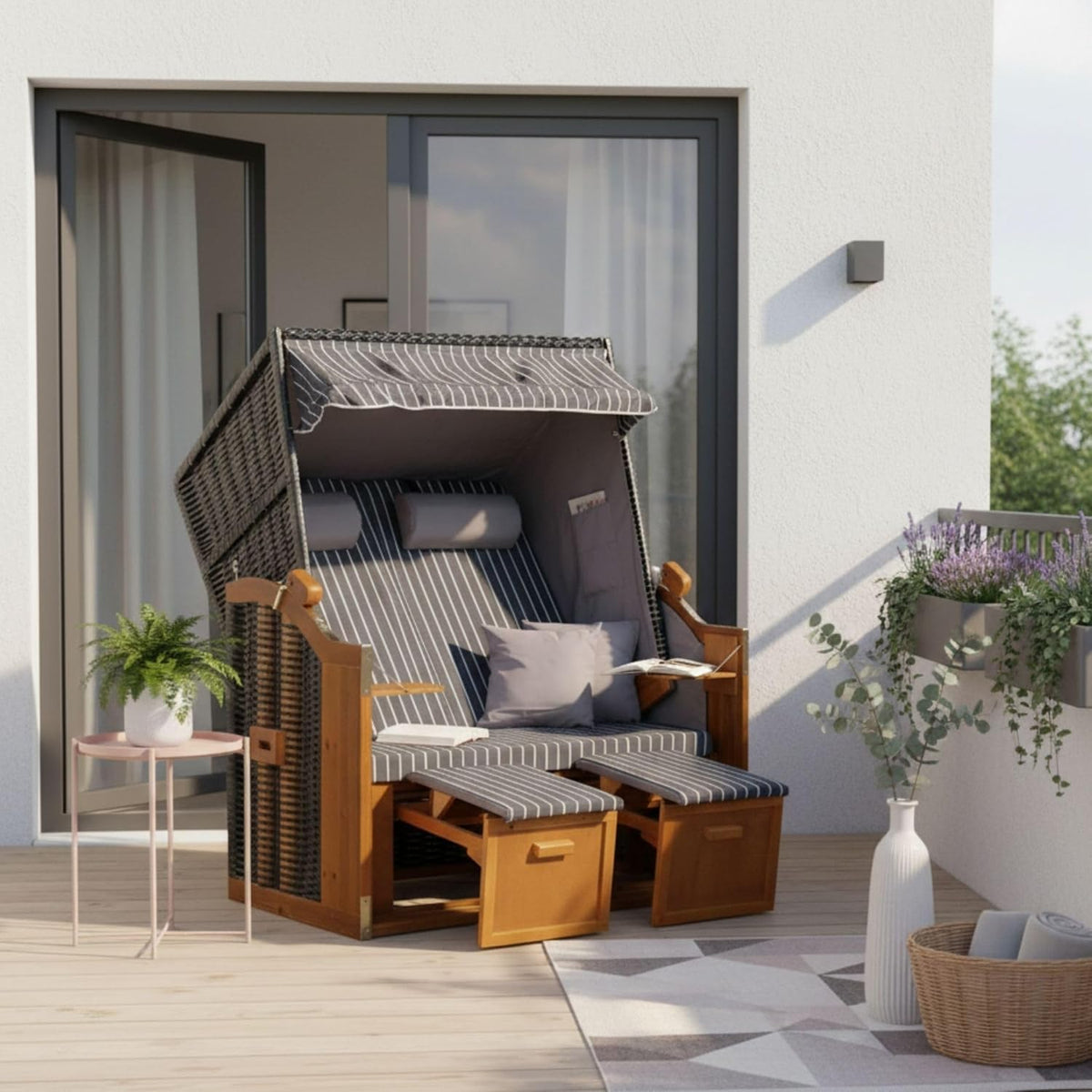 Strandkorb Ostsee Wacholder PE Negro (Diseño Royal Gris) | Strandkorb de 2 plazas resistente a la intemperie | Tumbona completa de madera dura para dos personas | Strandkörbs para balcón | Silla de playa para jardín