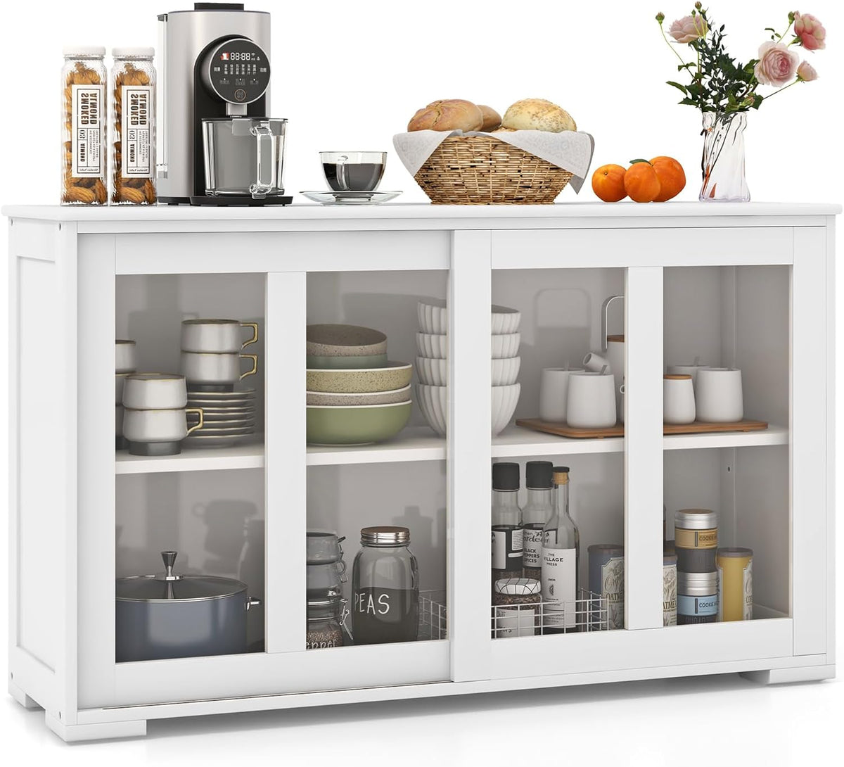 Aparador COSTWAY, mueble de cocina con puertas correderas de cristal y estante ajustable, aparador armario de almacenamiento, para cocina, comedor, sala de estar, 107 x 33 x 64 cm, madera (blanco)
