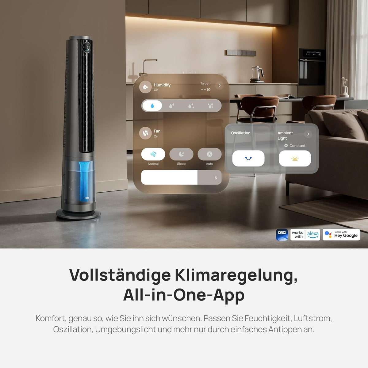 Ventilador nebulizador DREO TurboCool 765S, ventilador de torre 3 en 1 con ultrasonido, Wi-Fi y control por aplicación, depósito de 6 L, flujo de aire de 10,4 m/s, motor de CC silencioso de 20 dB, oscilación de 90°, 12 velocidades, 4 modos