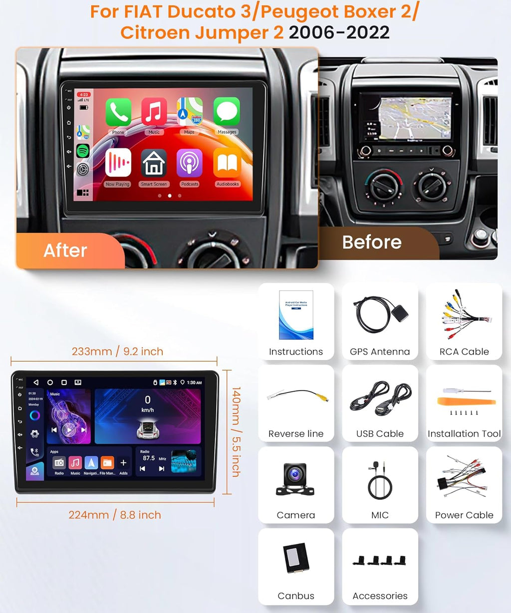 Autorradio Android 4G+64G para Fiat Ducato 3/Peugeot Boxer 2/Citroen Jumper 2 2006-2022 con Carplay inalámbrico, Android Auto, GPS, navegación, WiFi, pantalla de 9 pulgadas, Bluetooth, FM/RDS/32EQ/USB/SWC y cámara de visión trasera