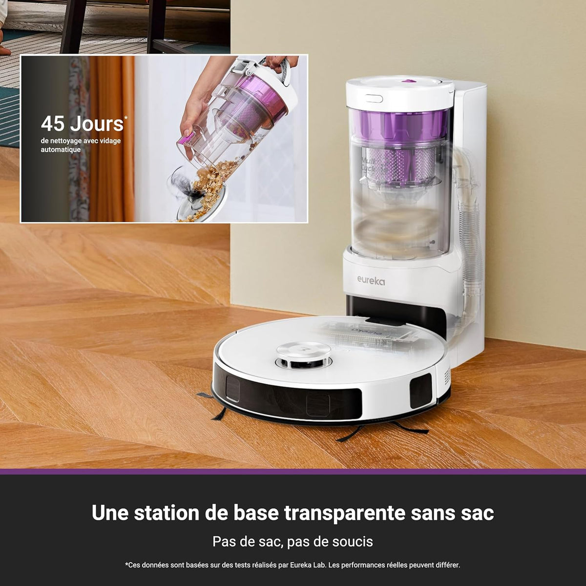 Robot aspirador Eureka E20 Plus de 8000 Pa con estación de vaciado automático sin bolsa, robot aspirador y fregasuelos antienredos, evitación de obstáculos 3D, autonomía de 180 minutos, DuoDetect AI