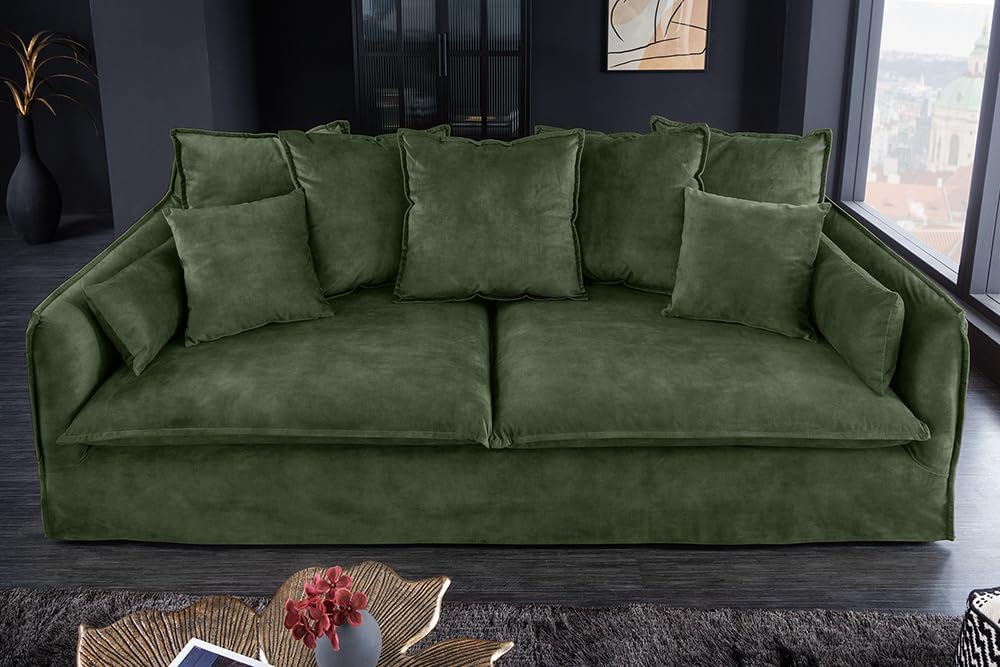Riess Ambiente Sofá grande de 3 plazas Heaven 200 cm, terciopelo verde oscuro, funda lavable, sofá con funda, sofá esquinero, sofá de terciopelo