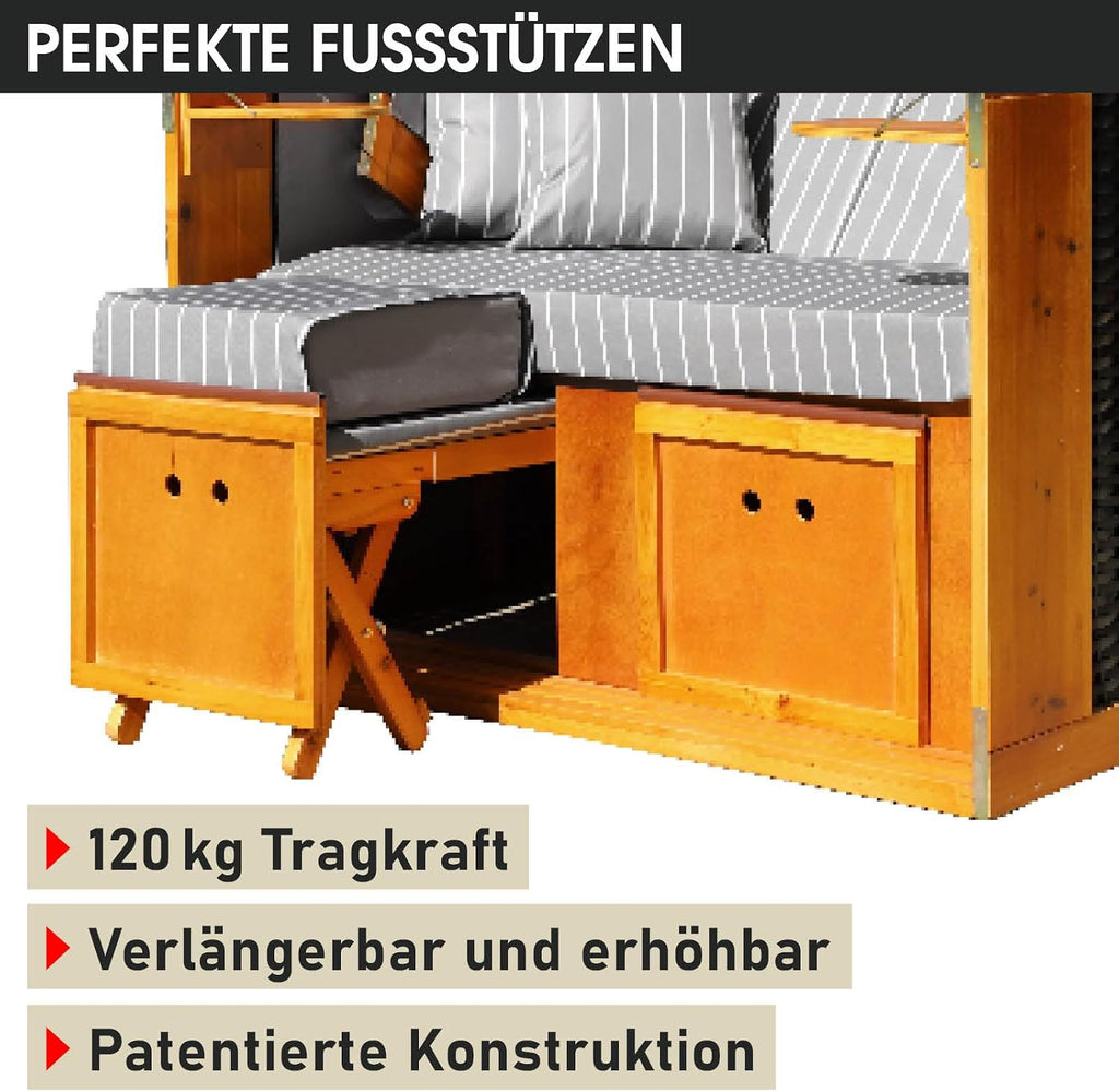 BRAST® Tumbona de playa Rügen Deluxe | para 2 personas | 120 cm de ancho | 5 diseños | incl. funda protectora resistente a la intemperie | respaldo ajustable y cojín de pies suave | Antracita/Gris - a rayas