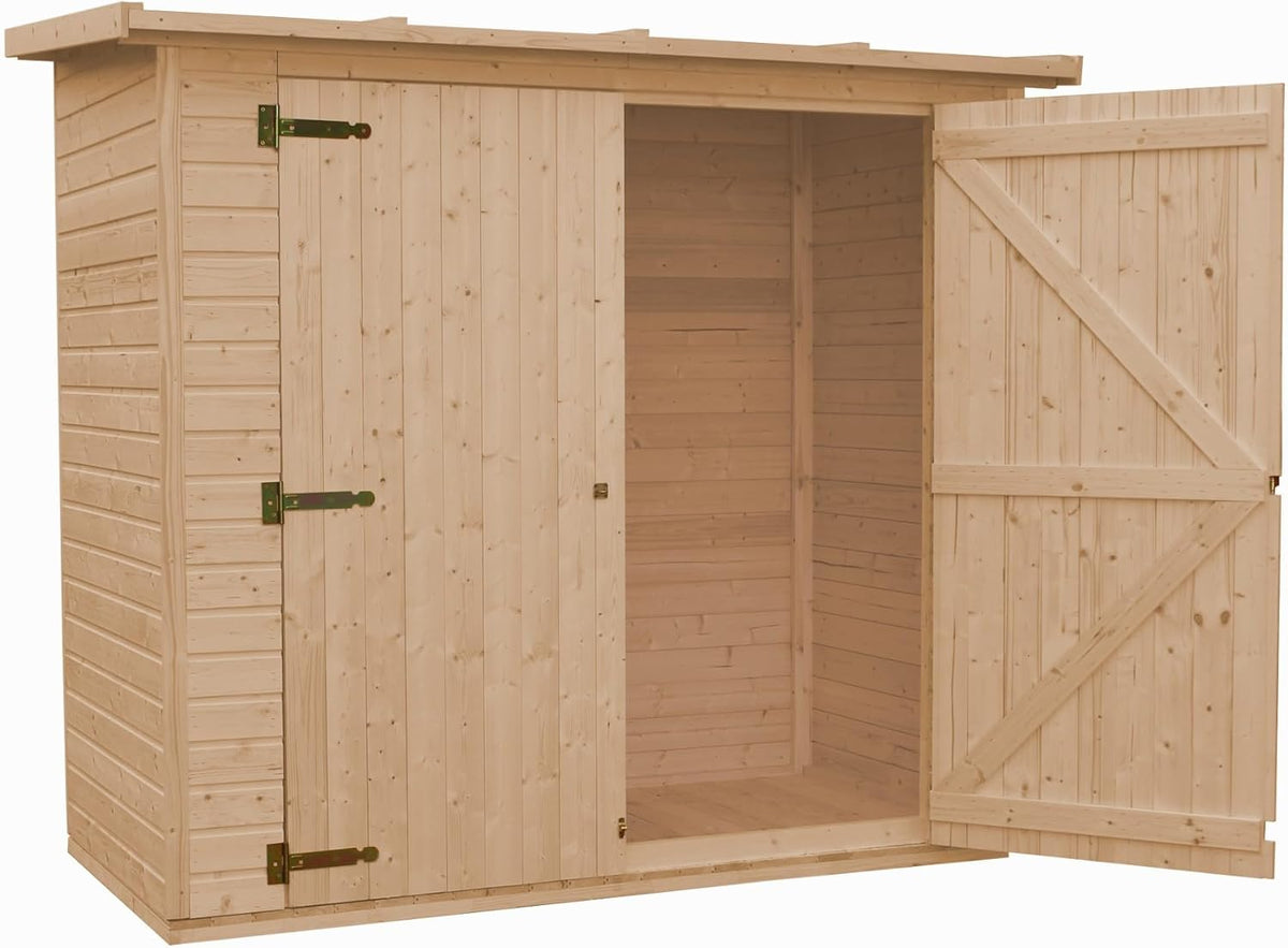 Cobertizo para herramientas de madera natural - Almacenamiento exterior sin ventanas A194x123x223 cm/2,1 m² Caseta de madera natural - Taller de almacenamiento de herramientas - TIMBELA M348
