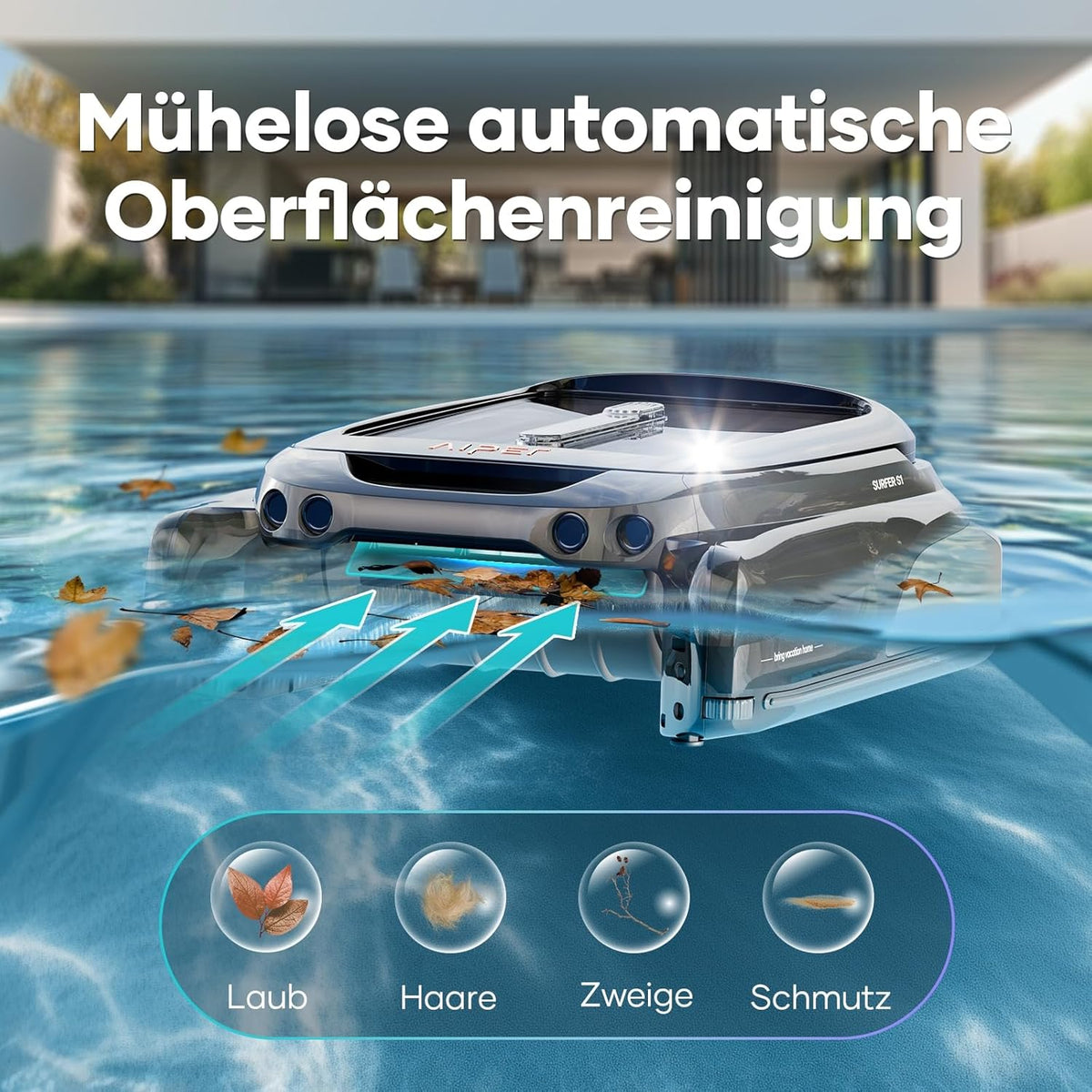 AIPER Surfer S1 Skimmer para piscina, robot de piscina con batería solar, Solarseeker, limpieza de superficie de agua, 20 horas de autonomía, aplicación inteligente, temperatura del agua, ideal para todo tipo de piscinas