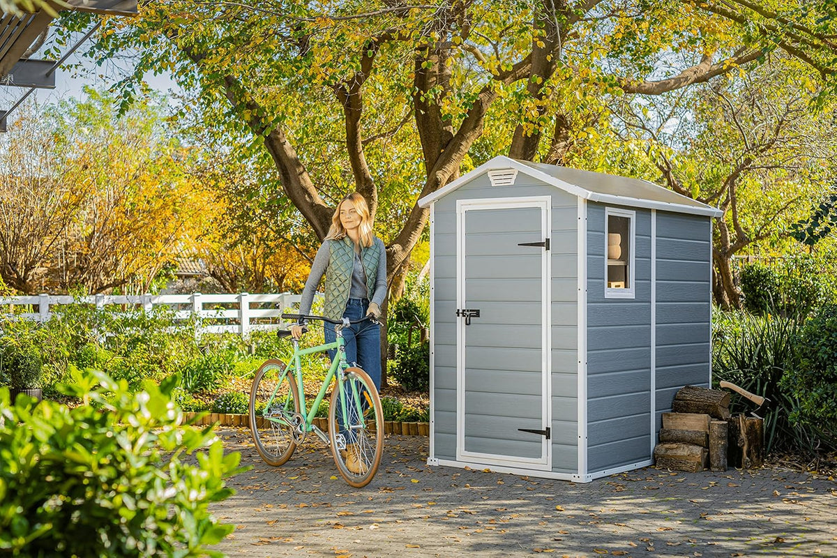 Keter Manor 4X6 - Caseta de jardín, 130x192x198cm y 2,2m2, Suelo, Sistema de ventilación, Puerta y ventana, Resistente al agua, Color gris