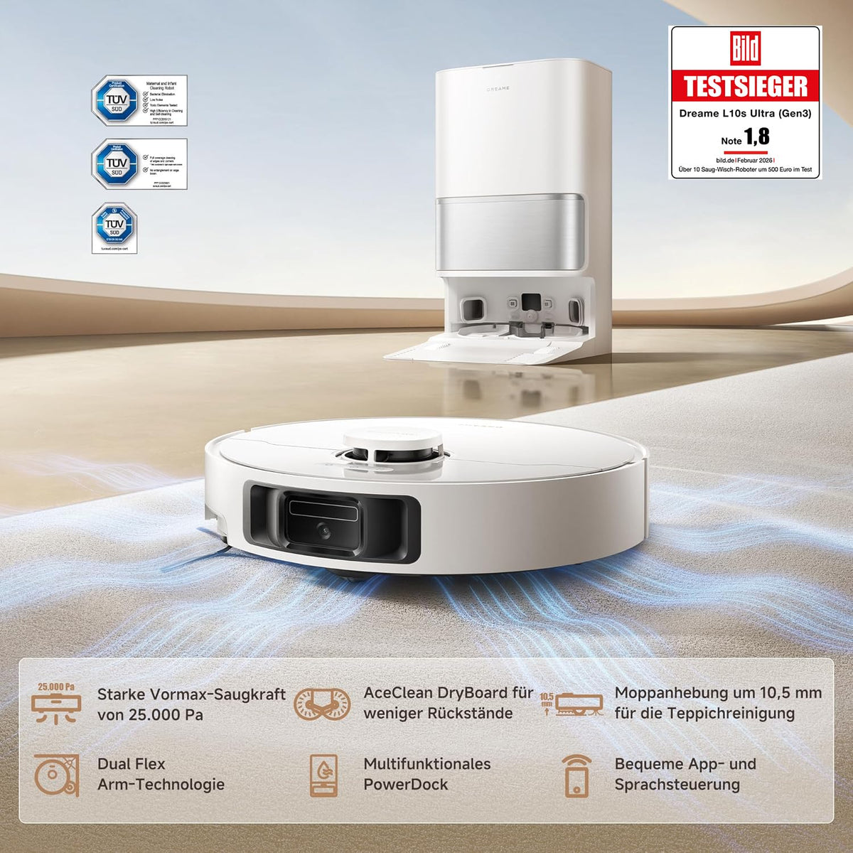 Robot aspirador con función de fregado RLL53SE, 25 000 Pa, 231 min de autonomía, elevación de mopa de 10,5 mm, autolimpieza de mopa, control por app