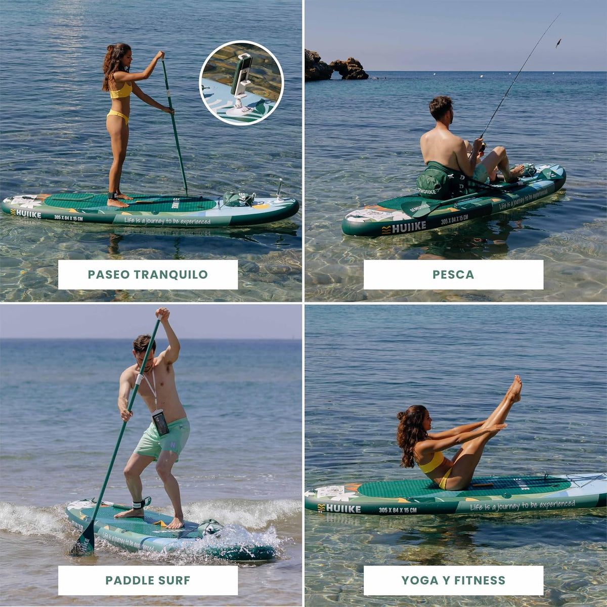 Tabla de Paddle Surf Hinchable HUIIKE con accesorios incluidos, remo, quillas, inflador. Stand Up Paddle Board de gran estabilidad y resistencia. 305 x 84 x 15 cm, soporta hasta 130 kg