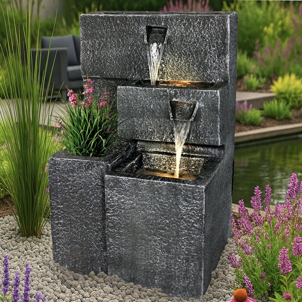 Fuente "Grada" plantable con iluminación LED, fuente de jardín en cascada, fuente de terraza