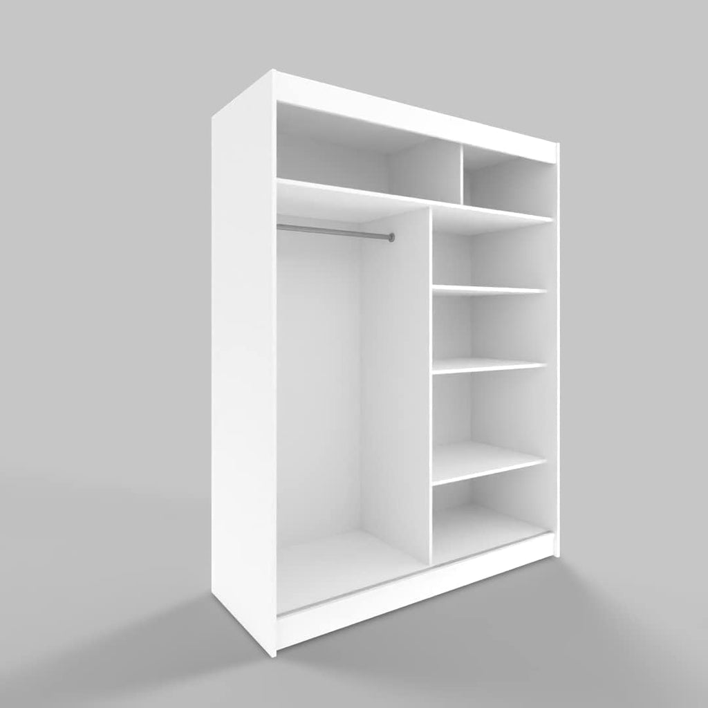 Armario con puertas correderas ML Furniture C5 150 x 200 x 58 cm con espejo - Mueble de dormitorio, almacenamiento - Armario multiusos - Color: Blanco - 2 puertas correderas