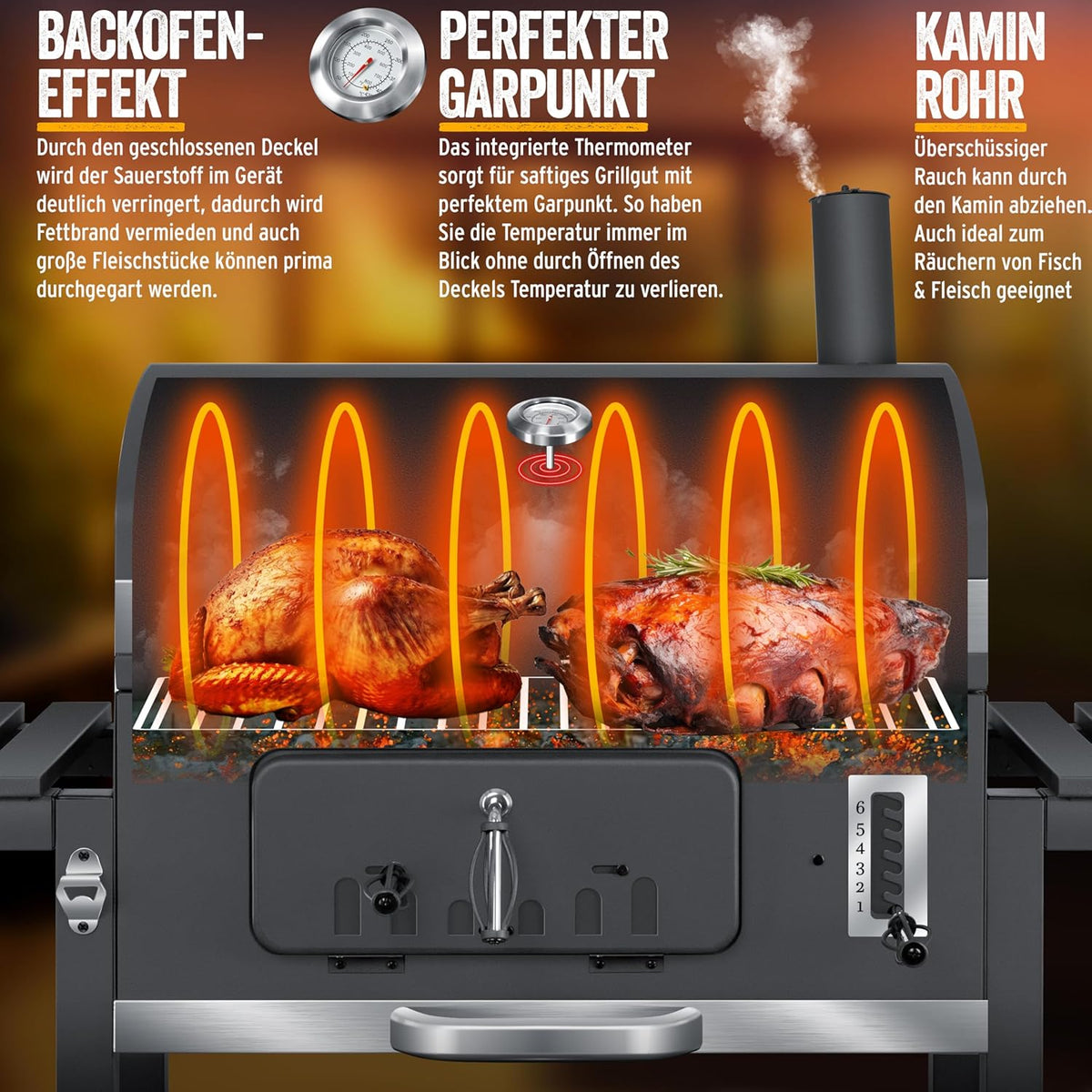 KESSER® Barbacoa Carrito BBQ Smoker XXL Parrilla de carbón con tapa, ruedas, asa de acero inoxidable, rejilla y termómetro, 8 brochetas con estuche y pincel de silicona, parrilla de pie, carrito de carbón