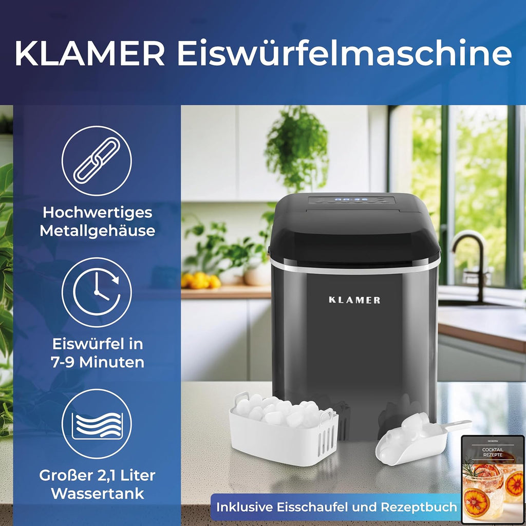 Máquina de hielo KLAMER pequeña con pala para hielo y 2 tamaños de cubitos - 10 cubitos en solo 7 min, 15 kg de hielo al día - máquina de hielo silenciosa con temporizador (negro)