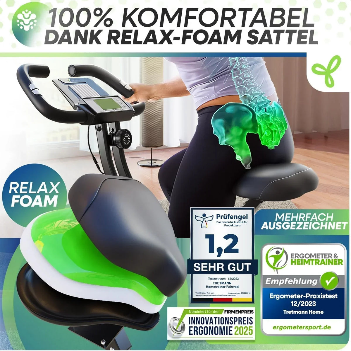 Bicicleta estática plegable, ergómetro magnético con 16 niveles de resistencia y asiento RelaxFoam, capacidad de carga hasta 150 kg