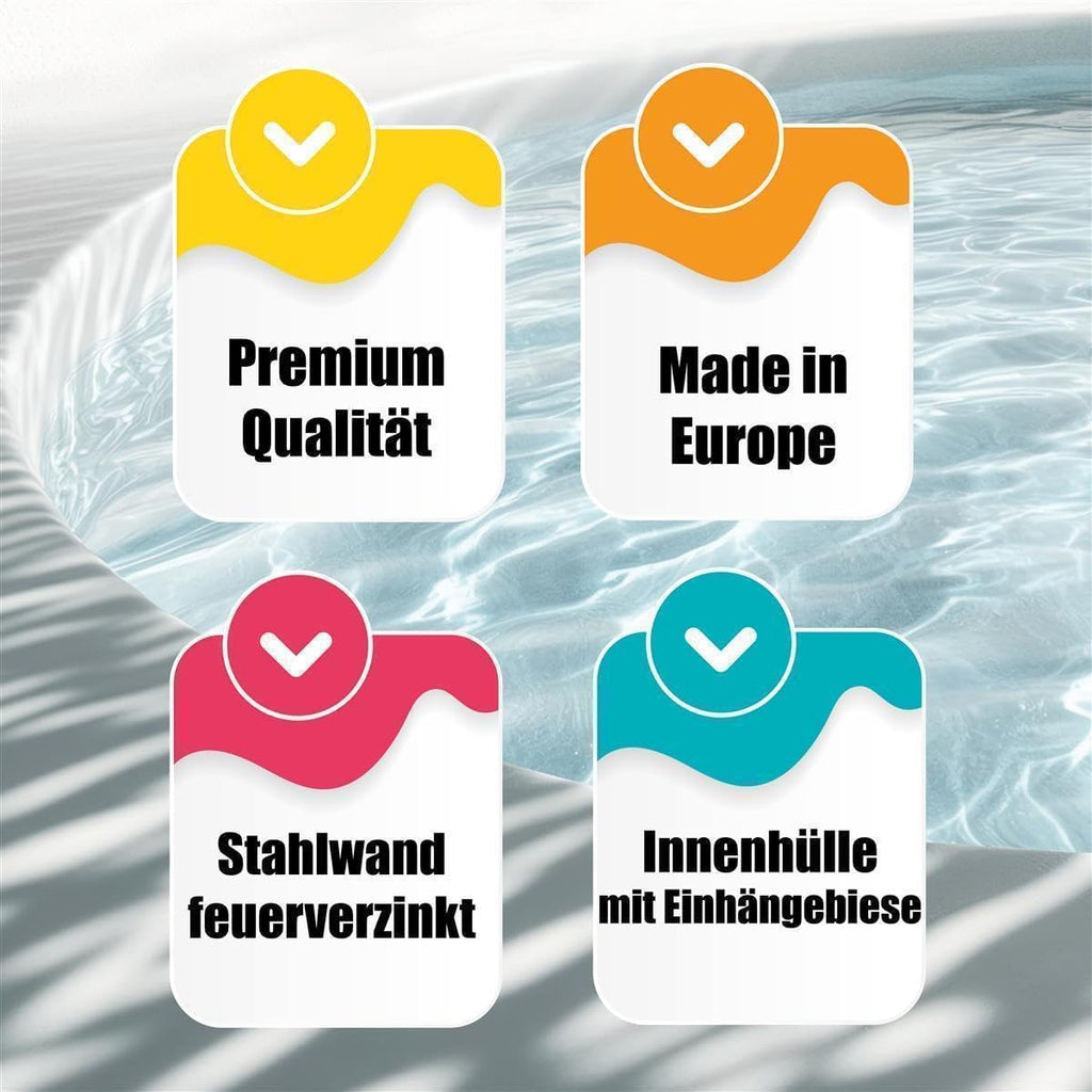 Set de piscina de pared de acero en forma de ocho Medipool (L x An x Prof) 6,25 m x 3,60 m x 1,20 m, piscina fabricada en Europa, con sistema de filtración de arena SF133 de 6 m³/h, skimmer integrado, arena de filtrado, manguera de piscina