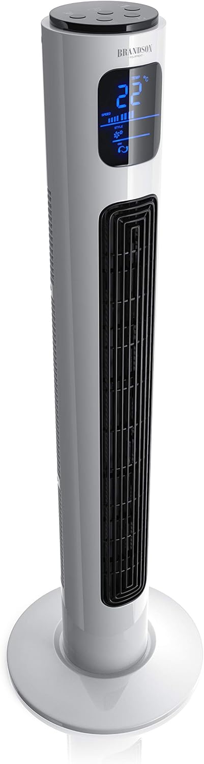 Brandson - Ventilador de torre con mando a distancia 96 cm - Galardonado 2026 - ventilador portátil silencioso - ventilador de pie con oscilación - 3 velocidades 3 modos - temporizador - ventilador - GS - blanco perla