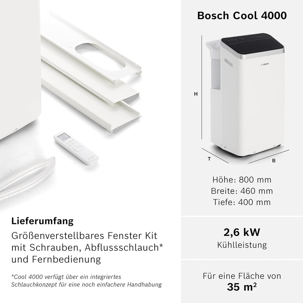 Acondicionador de aire móvil Bosch Cool 4000 - 3 en 1: aire acondicionado, deshumidificador, ventilador - 2,6 kW para habitaciones de hasta 35 m² - Con modo automático, modo silencioso y modo de suspensión