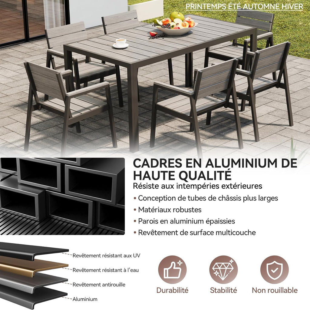 Devoko HDPS Conjunto de jardín de exterior de 7 piezas, resistente a la intemperie, con mesa de 150 cm y 6 sillas de jardín de exterior de aluminio, acabado imitación madera y fácil mantenimiento (gris)