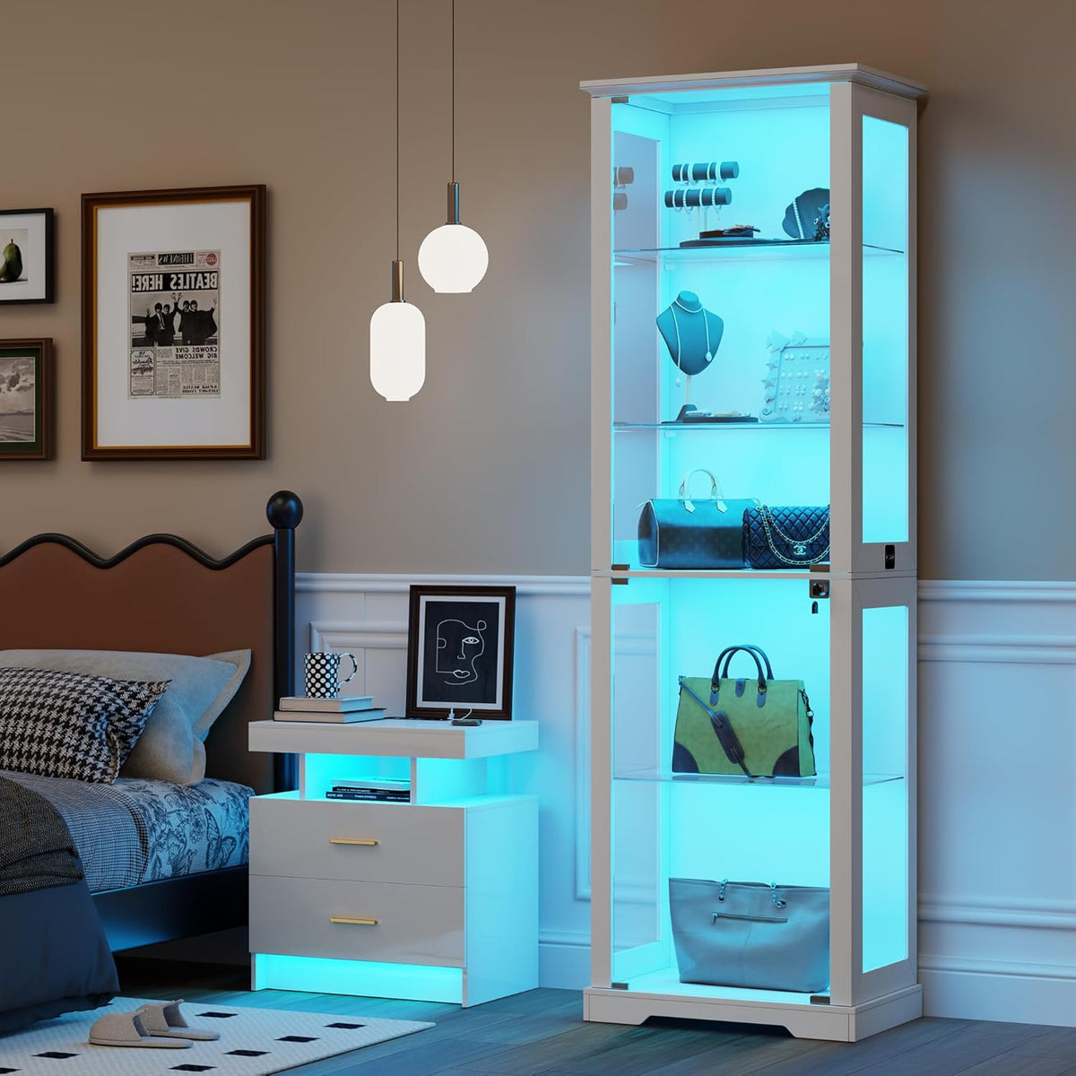 Vitrina de cristal Lvifur con iluminación LED y puertas de cristal para salón y dormitorio, 40×50×180 cm, armario vitrina de 5 niveles con sensor inteligente para objetos de colección, vino, blanco