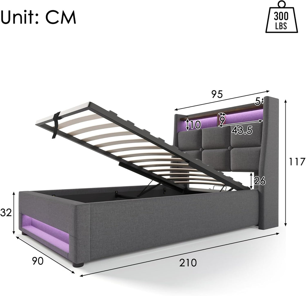 Cama tapizada Kayan 90x200cm, cama individual con almacenamiento y somier, cabecero LED con función de carga USB, cama con almacenamiento, cama funcional, respaldo, estructura de cama, lino (Gris, 90x200cm)