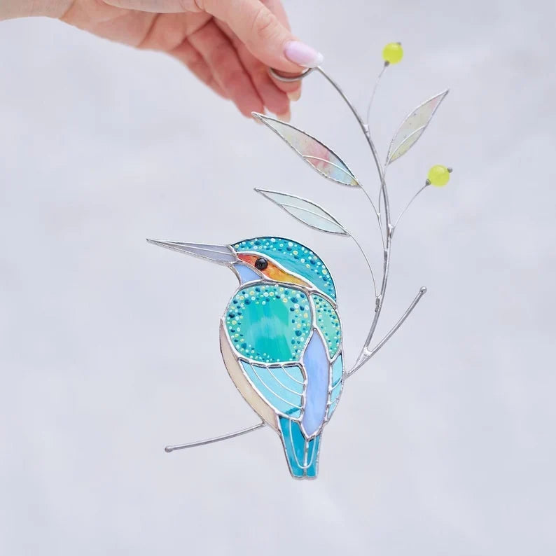 Adorno de ventana de vitral de martín pescador para papá | Regalo de pájaro colorido