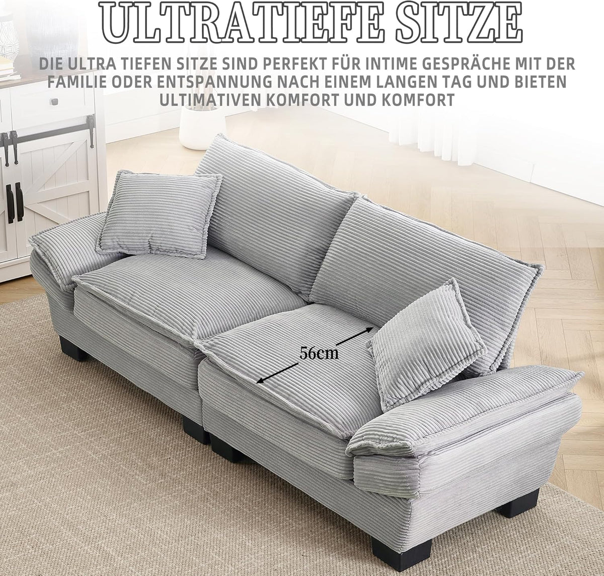 Sofá de 3 plazas, sofá con reposabrazos, cojines decorativos, sofá tapizado con funda de pana, acolchado grueso, sofá lounge, capacidad de carga hasta 450 kg, para sala de estar, dormitorio, 224x81x81cm (gris claro)