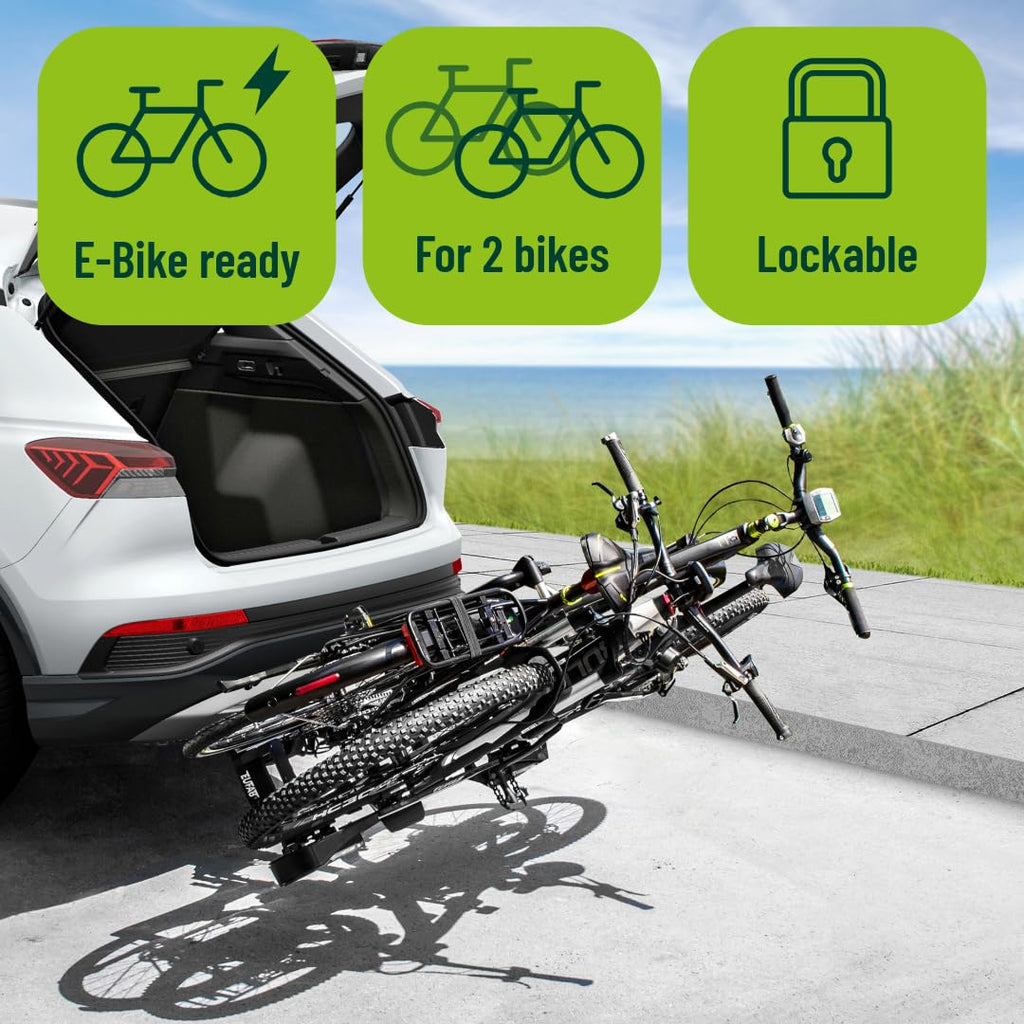 Portabicicletas EUFAB Premium 2 para 2 bicicletas 11521, apto para bicicletas eléctricas, premontado, antirrobo, para enganche de remolque, negro y plateado
