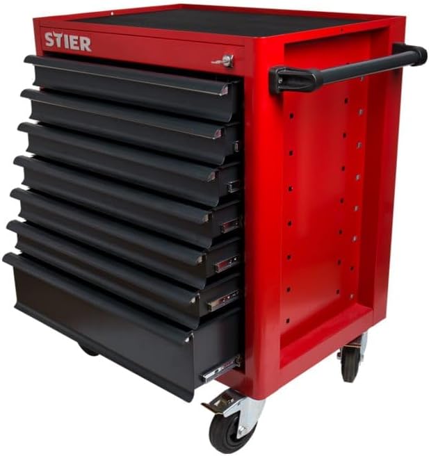 Carro de herramientas STIER, sin equipar - vacío, carro de taller, carro de montaje, con guías de cajón con rodamientos de bolas, 7 cajones, capacidad de carga por cajón 35 kg, carga máx. 300 kg, neumáticos de goma maciza
