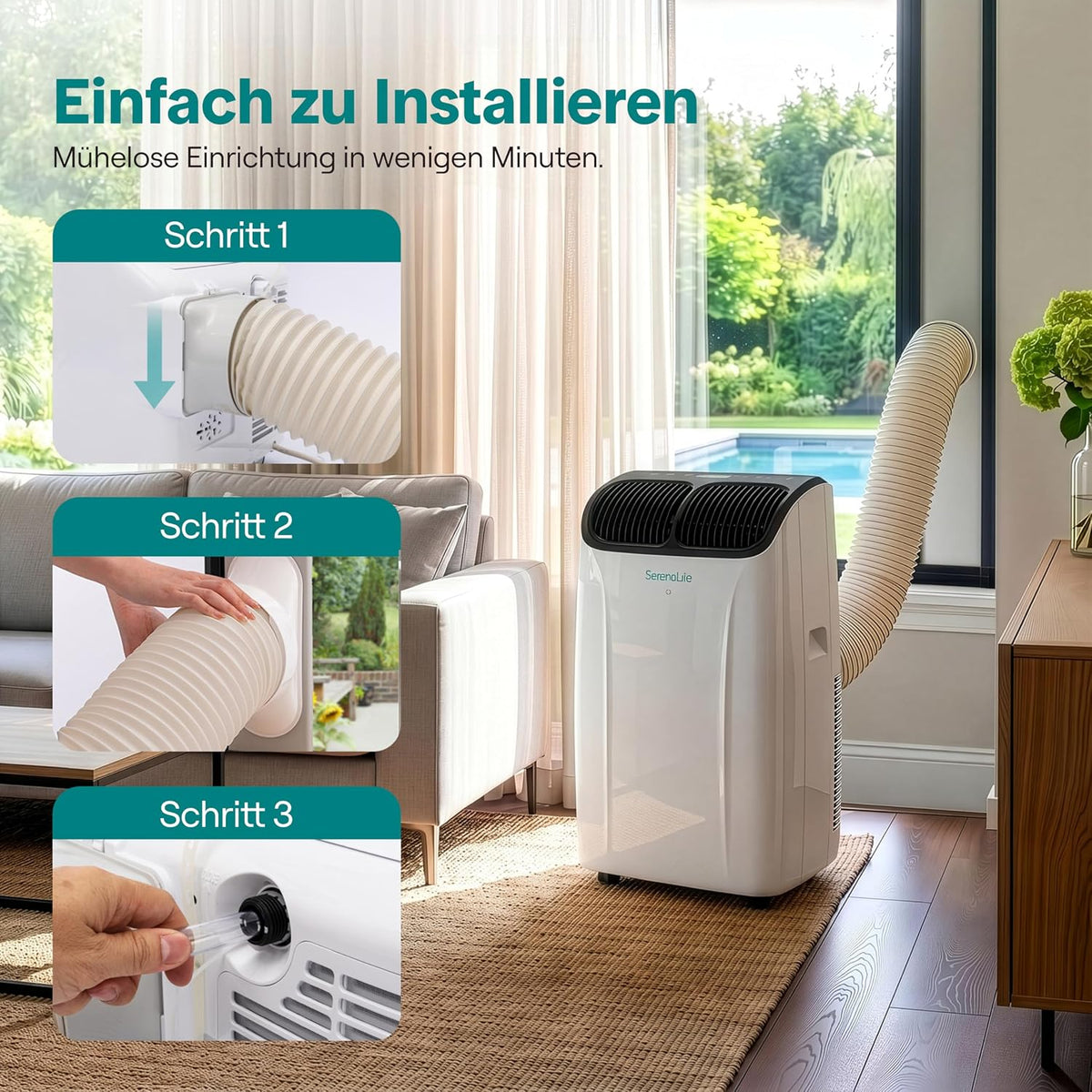 Aire acondicionado portátil SereneLife de 12.000 BTU con función de calefacción – Aire acondicionado compacto para habitaciones de hasta 32 m² | Refrigeración, calefacción, deshumidificador y ventilador | 48 dB | Gris