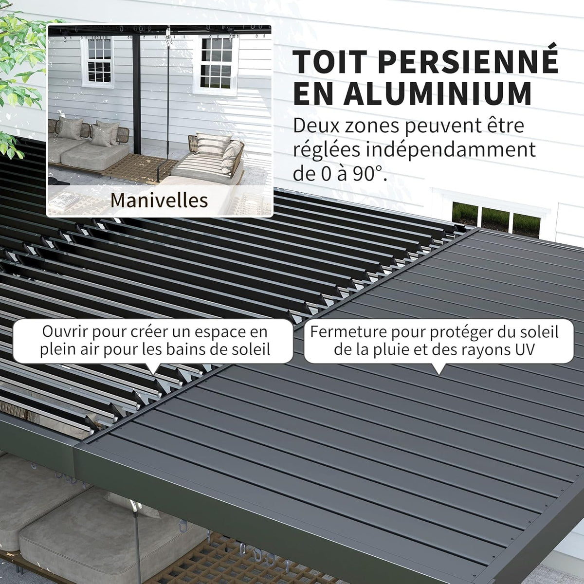 Pérgola bioclimática Outsunny 3 x 6 m, pérgola de jardín exterior con lamas orientables, techo ajustable con manivela de aluminio y ganchos, cenador de jardín, terraza, patio, gris oscuro