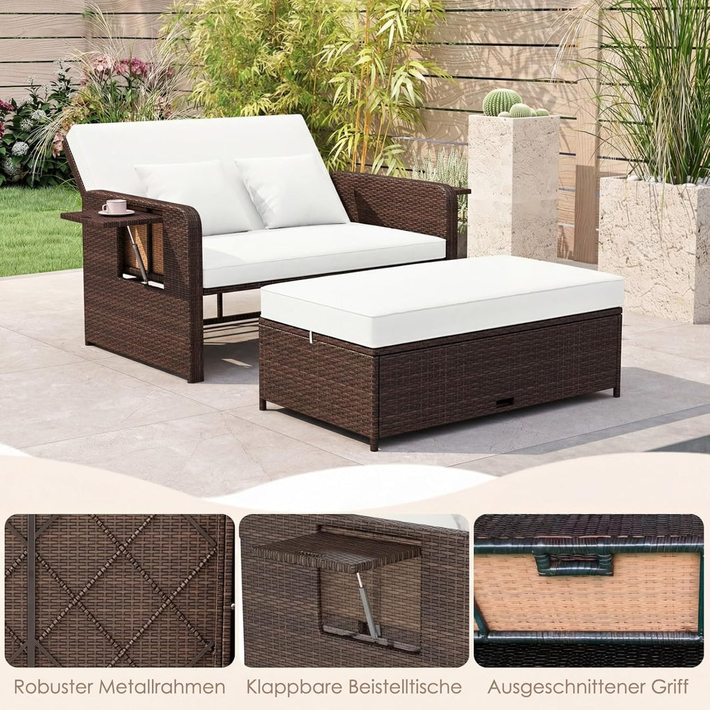COSTWAY Tumbona de poliratán 3 en 1, tumbona de jardín con respaldo ajustable y bandejas laterales, cama lounge, tumbona doble con cojines, sofá de jardín con función de reclinado, taburete y espacio de almacenamiento (Beige)