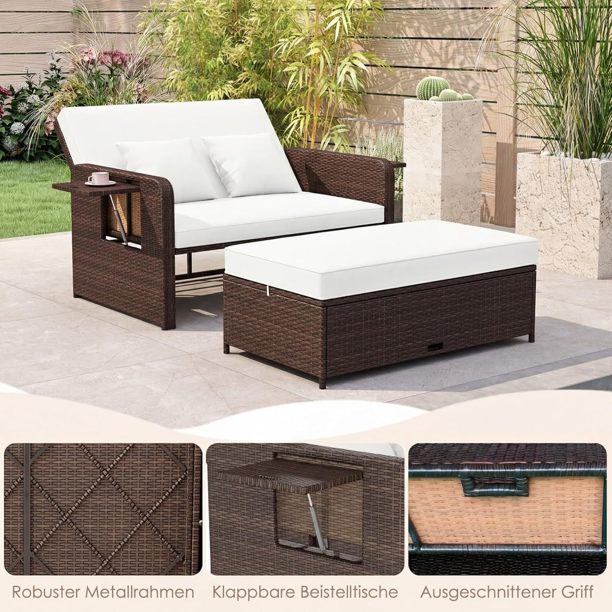 COSTWAY Tumbona de poliratán 3 en 1, tumbona de jardín con respaldo ajustable y bandejas laterales, cama lounge, tumbona doble con cojines, sofá de jardín con función de reclinado, taburete y espacio de almacenamiento (Beige)